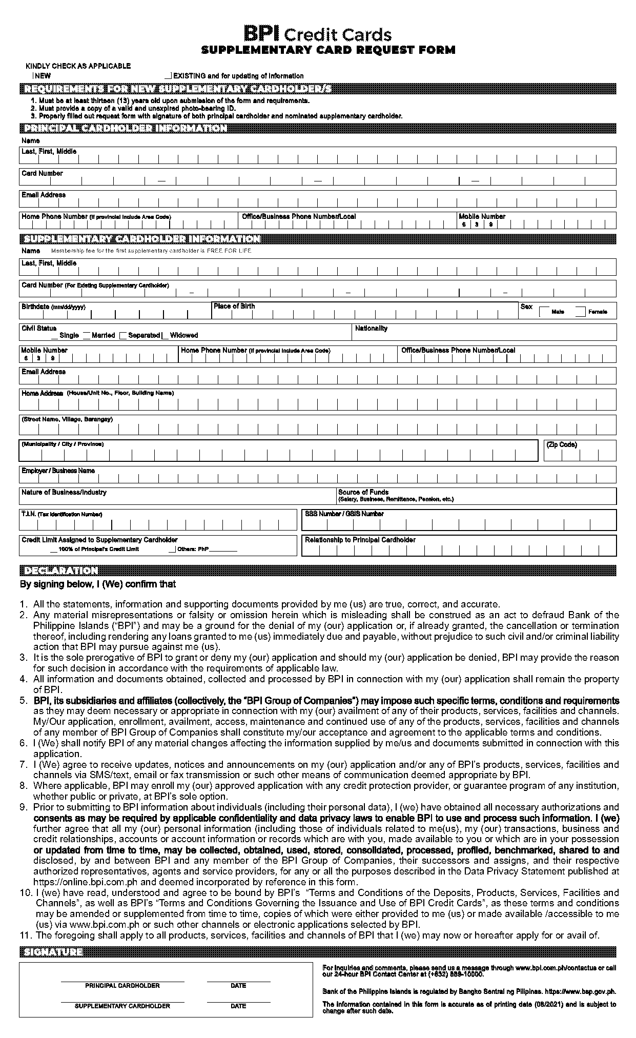 bpi supplementary card application form